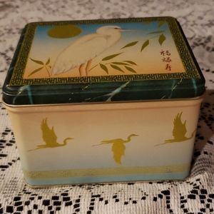 Vintage Asian Oriental Crane Bird Tin Container.